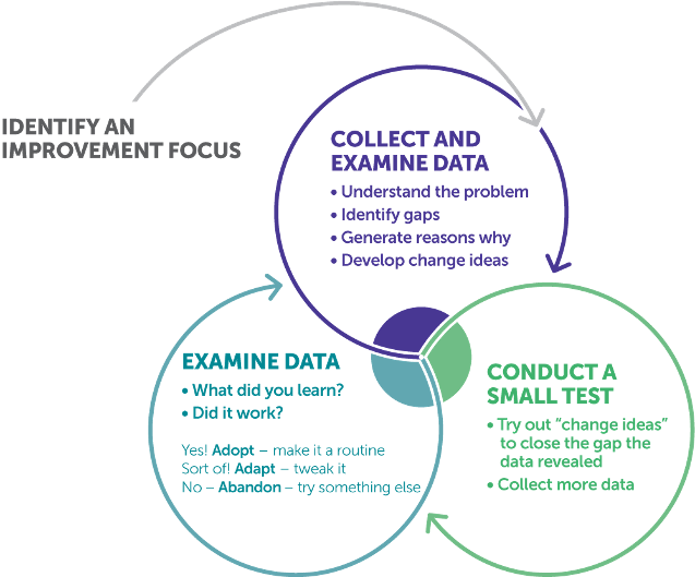 Identify an improvement focus; collect and examine data; conduct a small test; examine data.